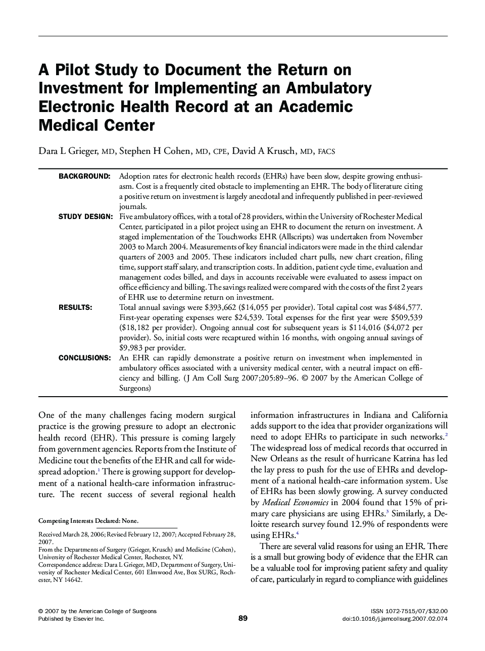 A Pilot Study to Document the Return on Investment for Implementing an Ambulatory Electronic Health Record at an Academic Medical Center 
