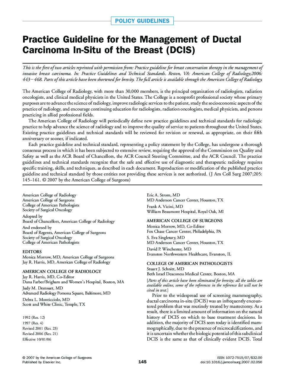 Practice Guideline for the Management of Ductal Carcinoma In-Situ of the Breast (DCIS)