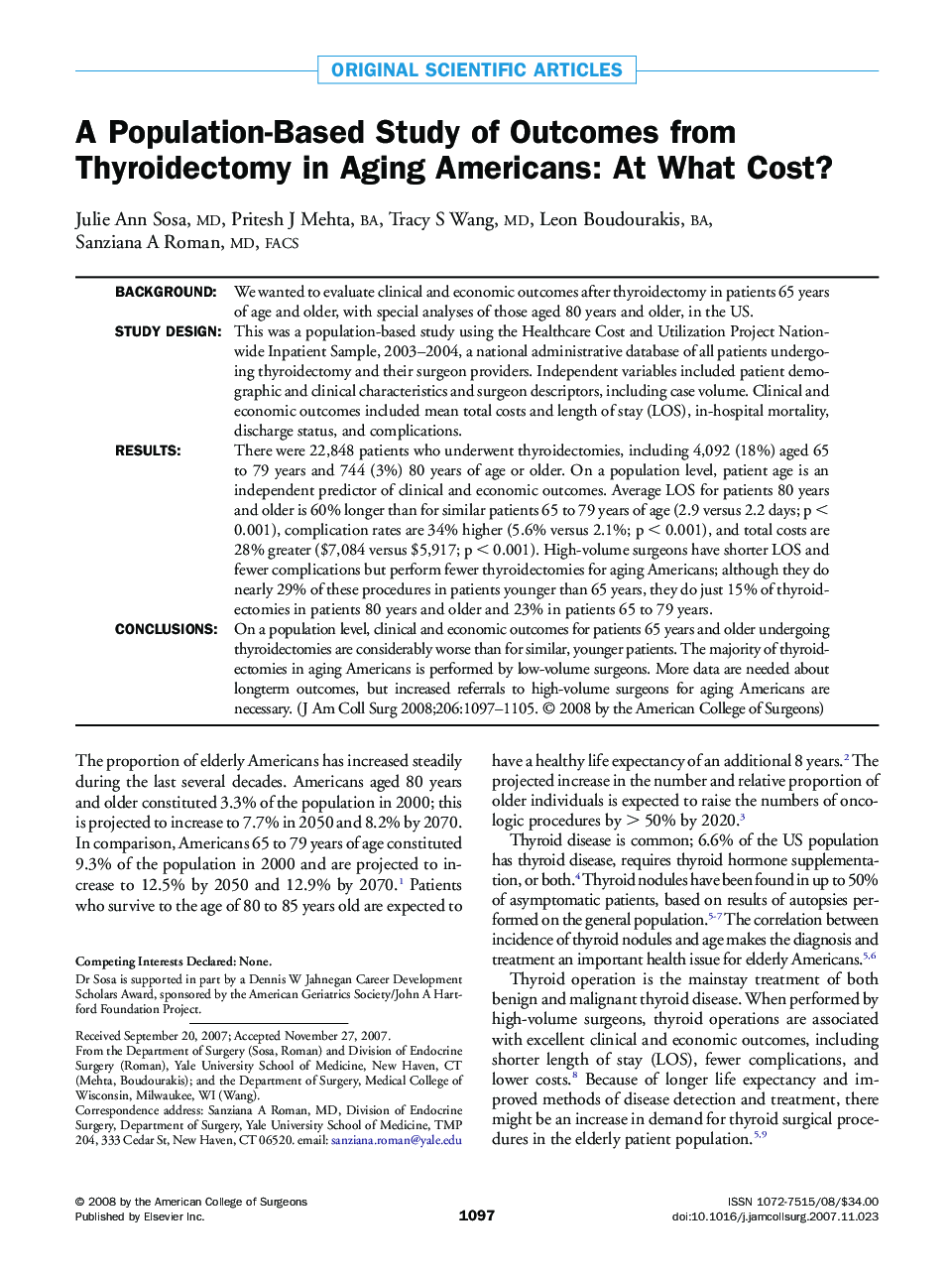 A Population-Based Study of Outcomes from Thyroidectomy in Aging Americans: At What Cost? 