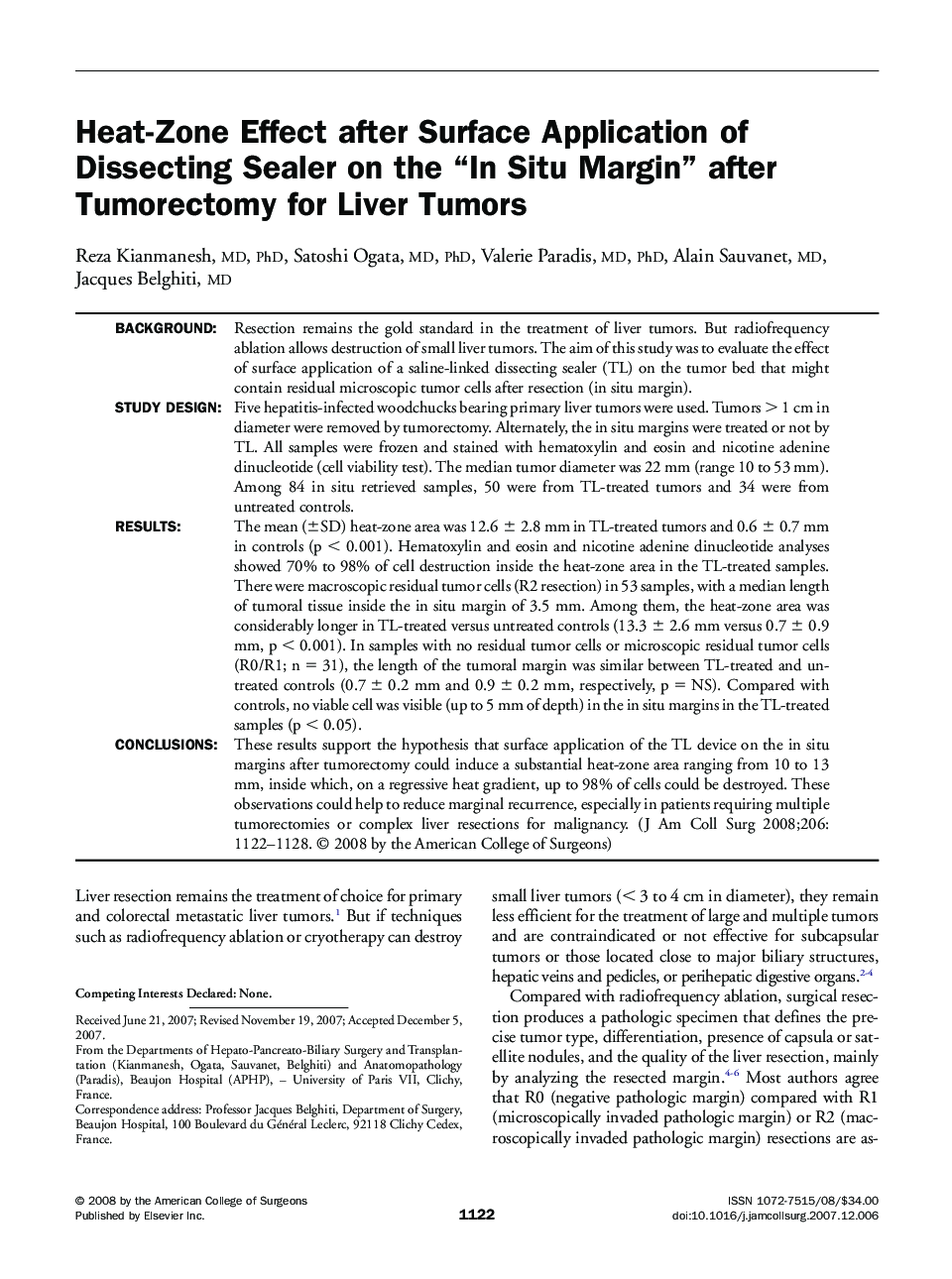 Heat-Zone Effect after Surface Application of Dissecting Sealer on the “In Situ Margin” after Tumorectomy for Liver Tumors 