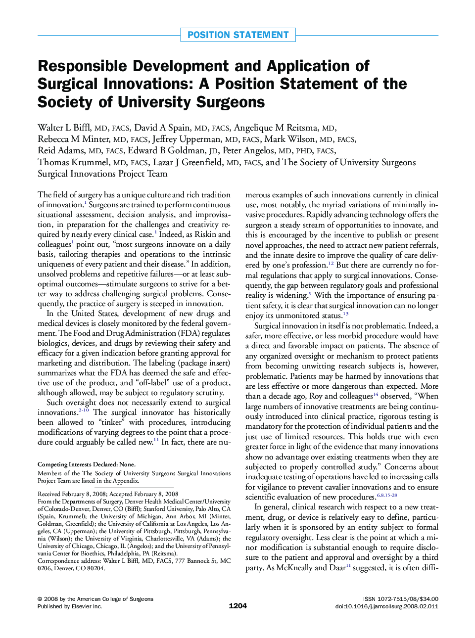 Responsible Development and Application of Surgical Innovations: A Position Statement of the Society of University Surgeons