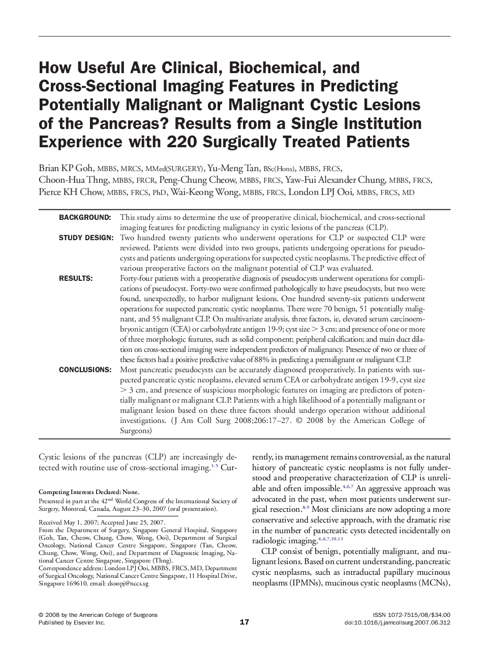 How Useful Are Clinical, Biochemical, and Cross-Sectional Imaging Features in Predicting Potentially Malignant or Malignant Cystic Lesions of the Pancreas? Results from a Single Institution Experience with 220 Surgically Treated Patients 