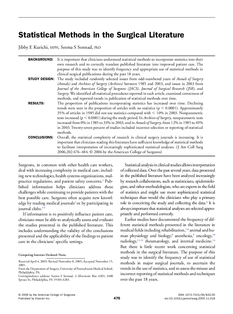 Statistical Methods in the Surgical Literature 