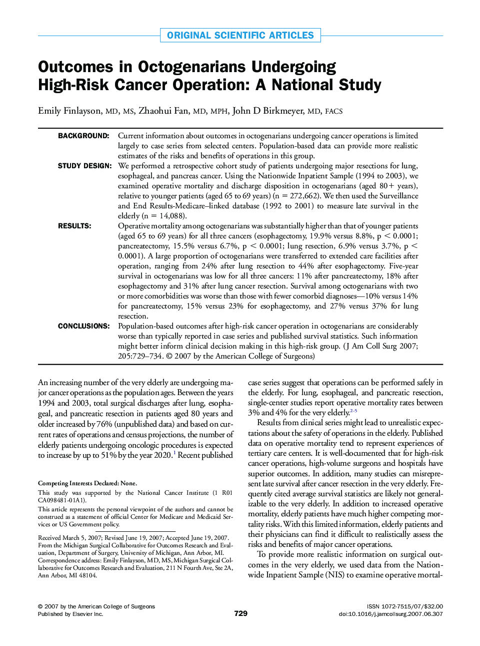 Outcomes in Octogenarians Undergoing High-Risk Cancer Operation: A National Study 