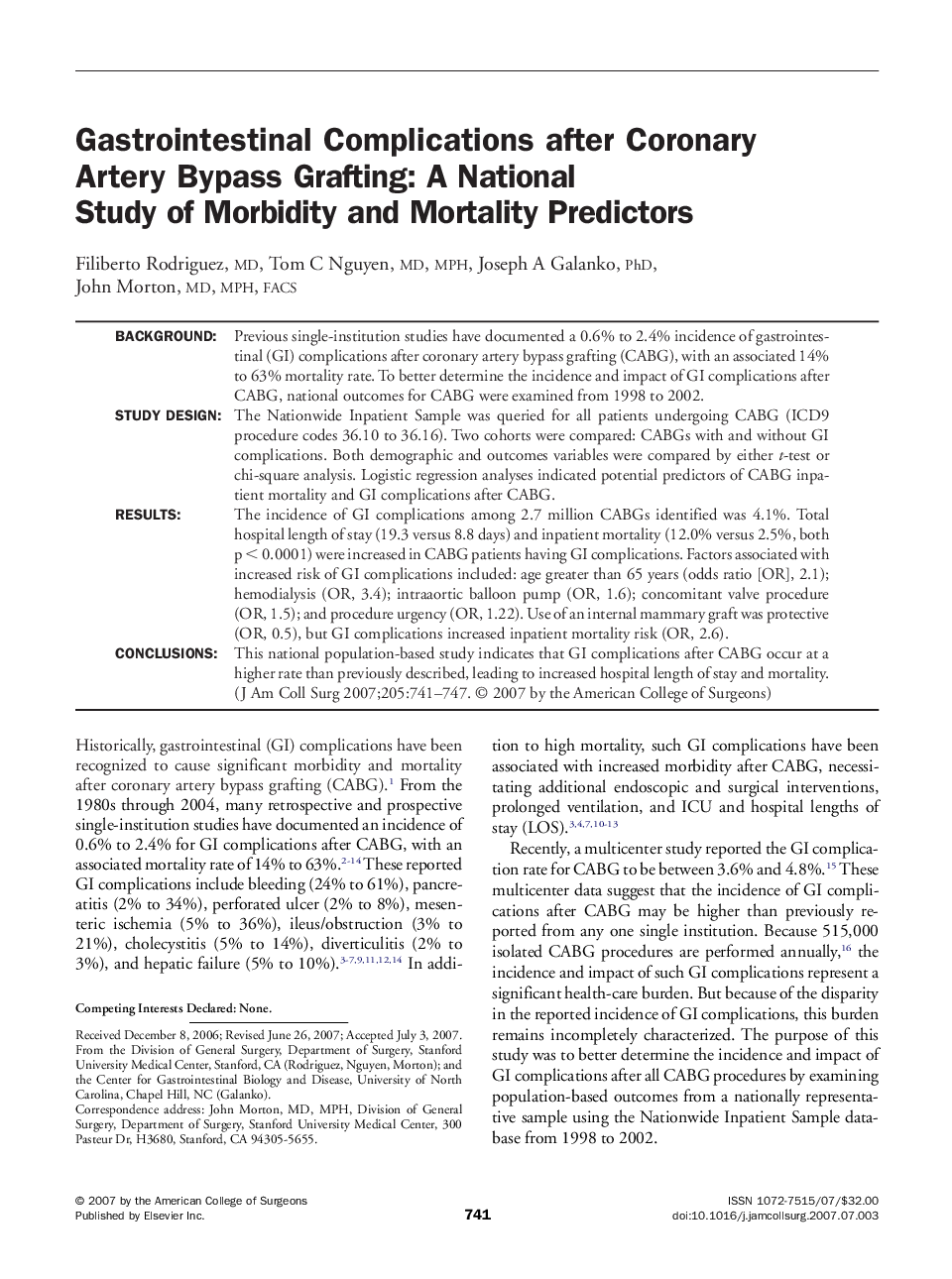 Gastrointestinal Complications after Coronary Artery Bypass Grafting: A National Study of Morbidity and Mortality Predictors 