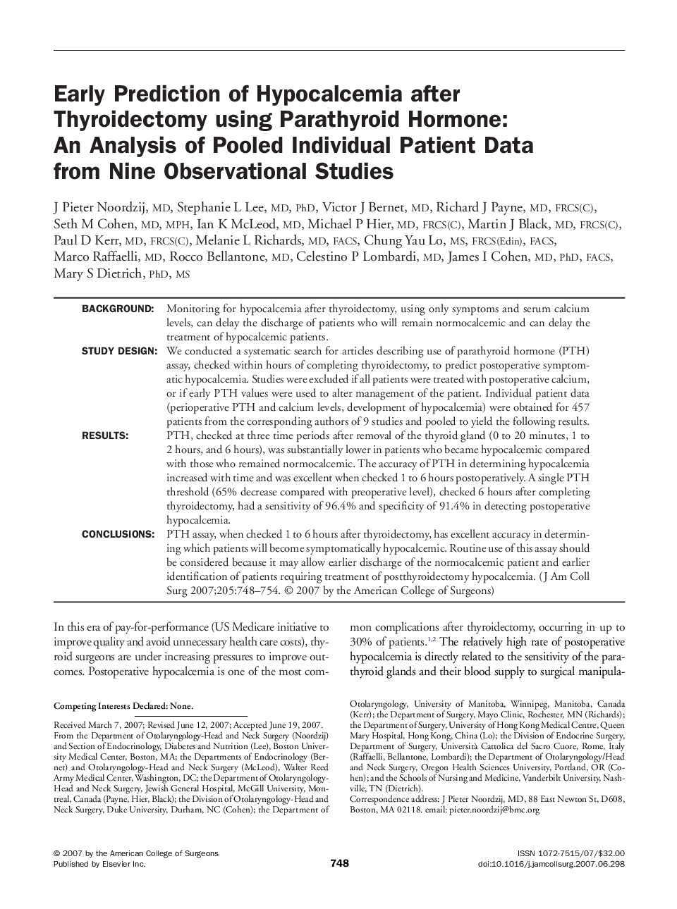 Early Prediction of Hypocalcemia after Thyroidectomy using Parathyroid Hormone: An Analysis of Pooled Individual Patient Data from Nine Observational Studies 