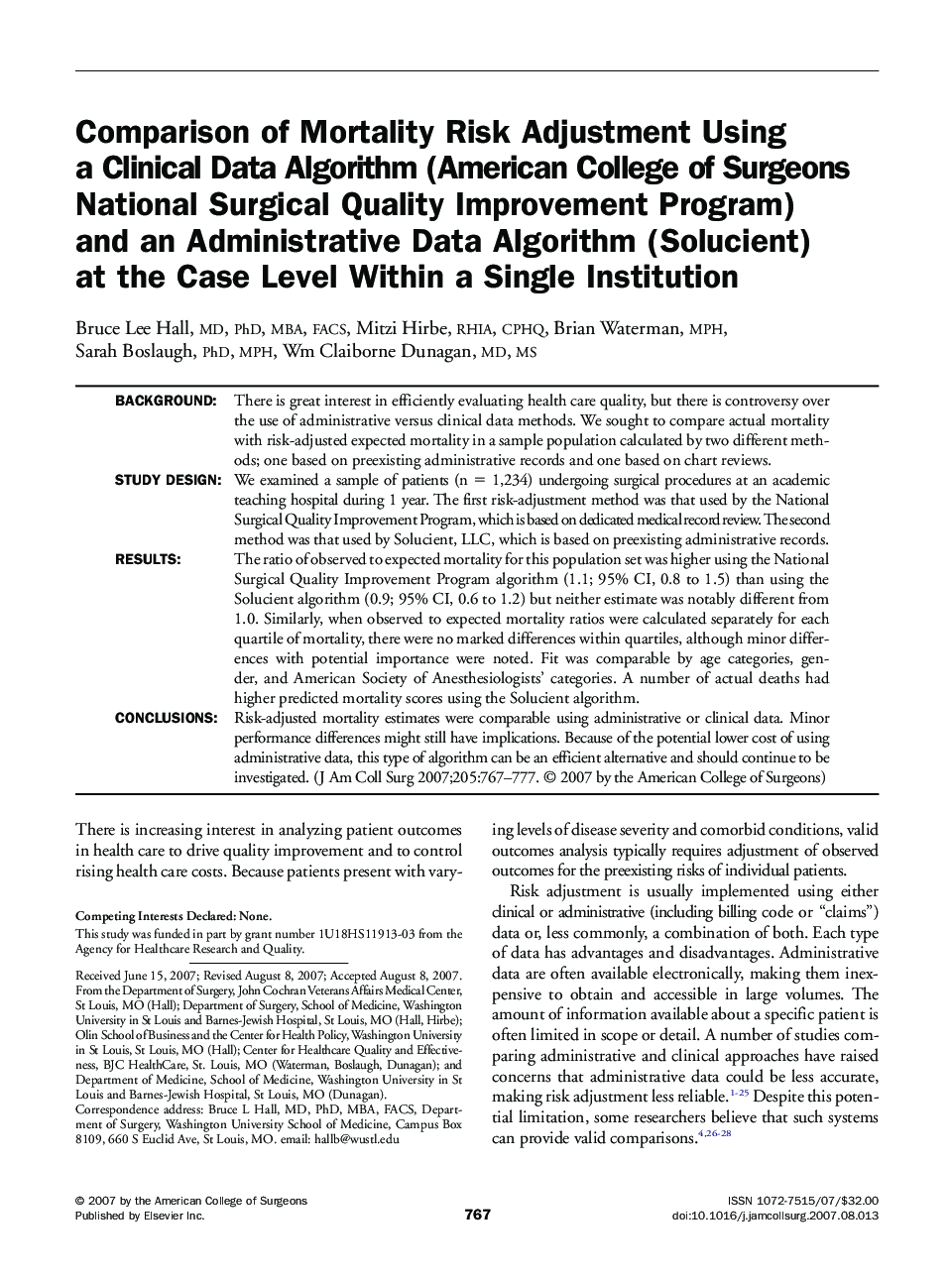 Comparison of Mortality Risk Adjustment Using a Clinical Data Algorithm (American College of Surgeons National Surgical Quality Improvement Program) and an Administrative Data Algorithm (Solucient) at the Case Level Within a Single Institution 