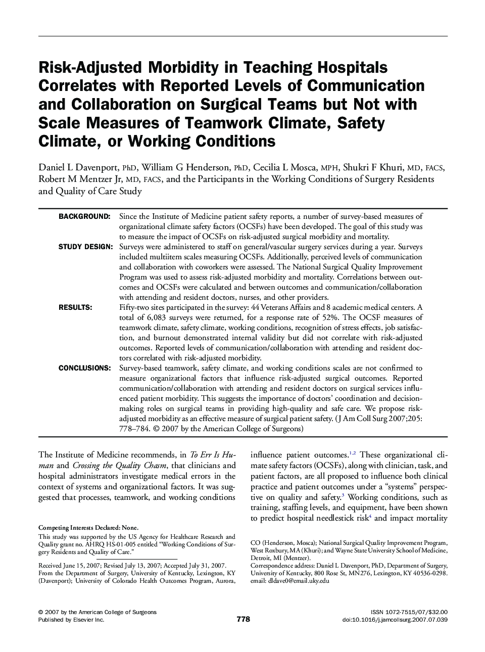 Risk-Adjusted Morbidity in Teaching Hospitals Correlates with Reported Levels of Communication and Collaboration on Surgical Teams but Not with Scale Measures of Teamwork Climate, Safety Climate, or Working Conditions 