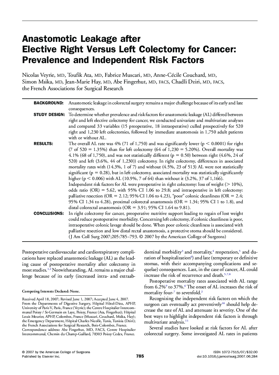 Anastomotic Leakage after Elective Right Versus Left Colectomy for Cancer: Prevalence and Independent Risk Factors 