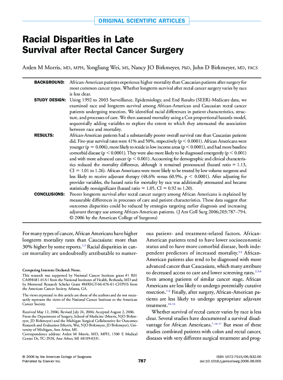 Racial Disparities in Late Survival after Rectal Cancer Surgery 