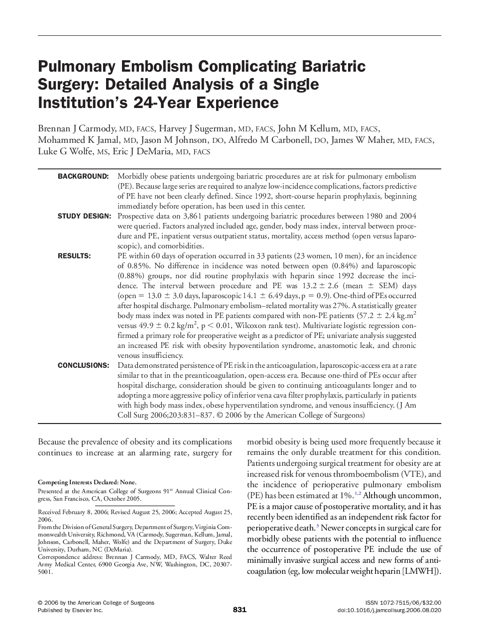 Pulmonary Embolism Complicating Bariatric Surgery: Detailed Analysis of a Single Institution’s 24-Year Experience 