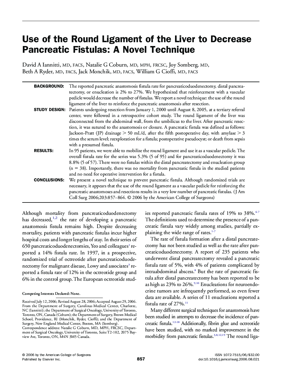 Use of the Round Ligament of the Liver to Decrease Pancreatic Fistulas: A Novel Technique 
