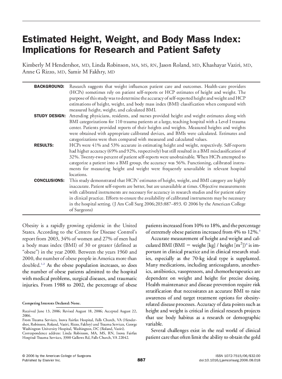 Estimated Height, Weight, and Body Mass Index: Implications for Research and Patient Safety 