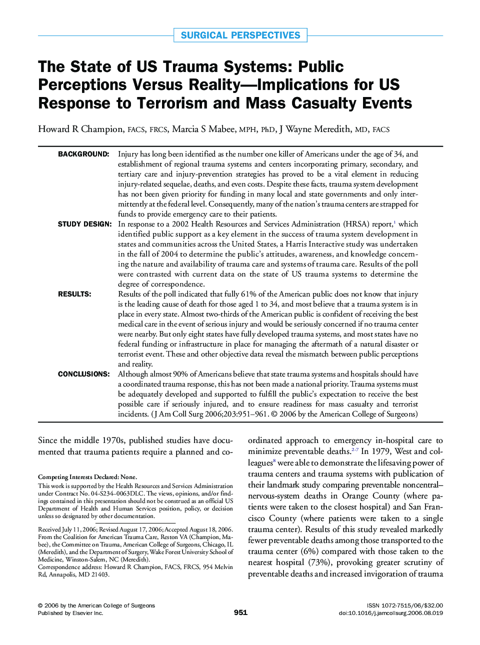 The State of US Trauma Systems: Public Perceptions Versus Reality—Implications for US Response to Terrorism and Mass Casualty Events 