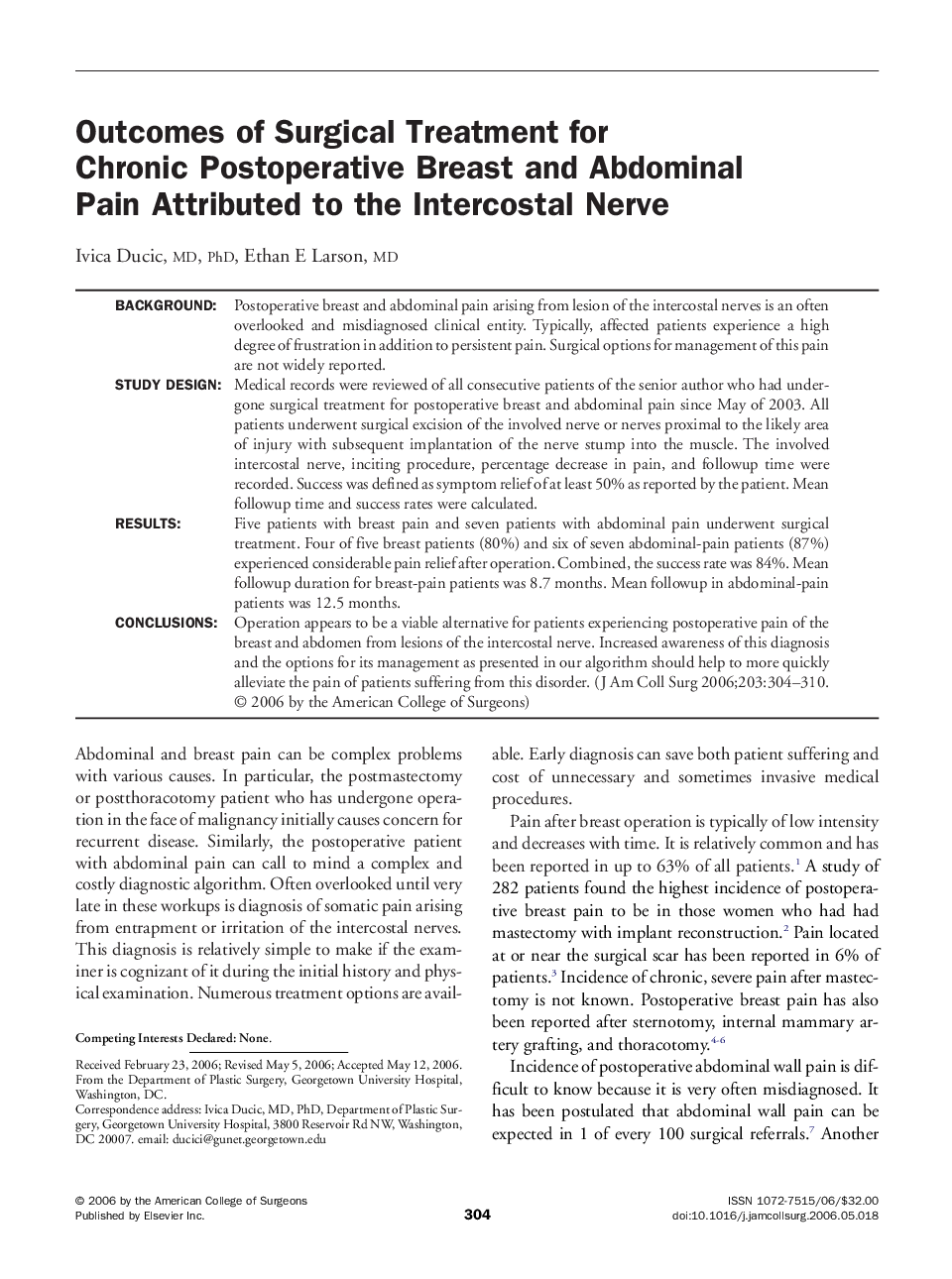 Outcomes of Surgical Treatment for Chronic Postoperative Breast and Abdominal Pain Attributed to the Intercostal Nerve 