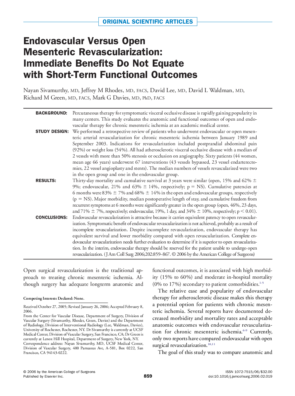 Endovascular Versus Open Mesenteric Revascularization: Immediate Benefits Do Not Equate with Short-Term Functional Outcomes 