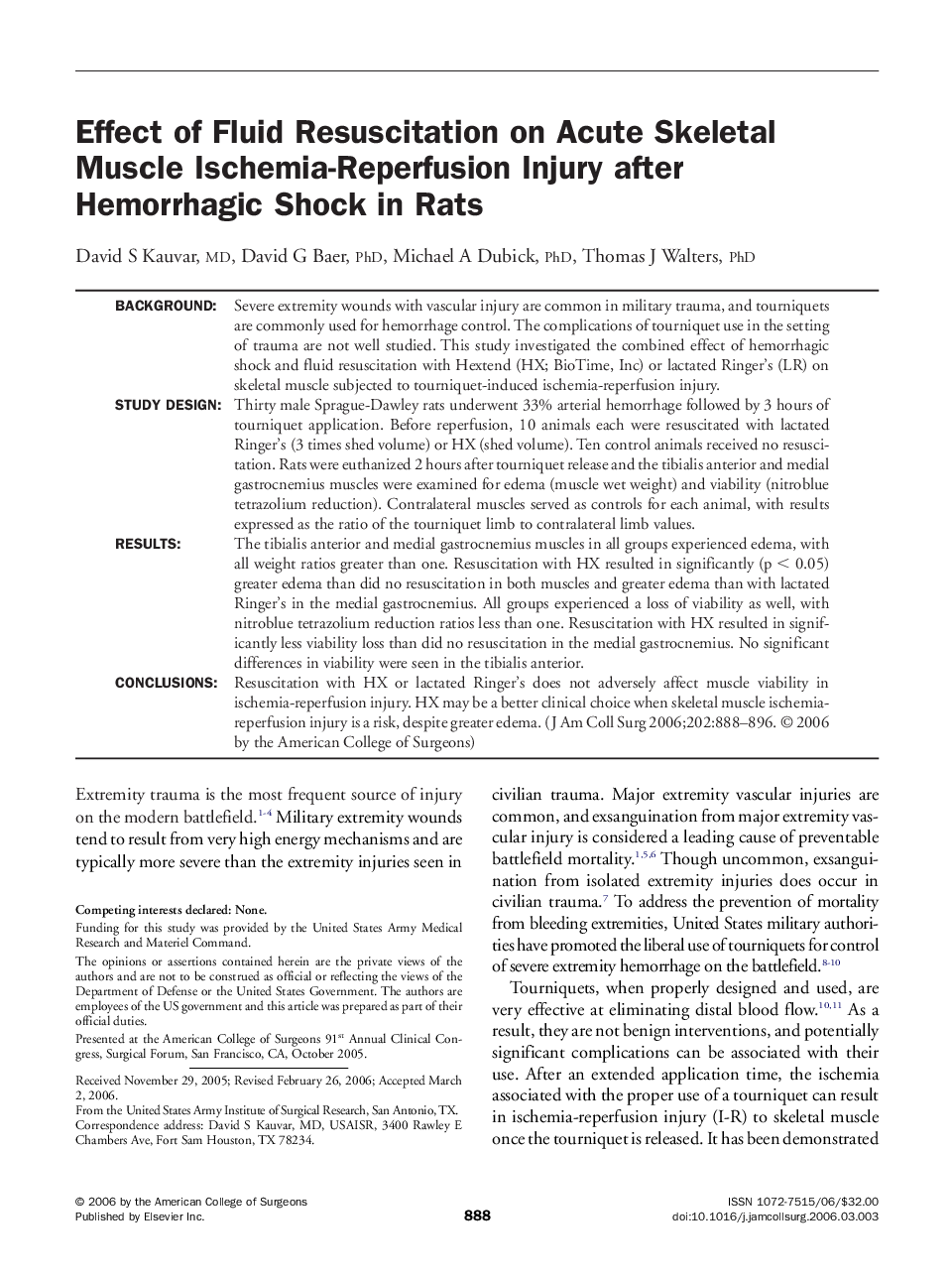 Effect of Fluid Resuscitation on Acute Skeletal Muscle Ischemia-Reperfusion Injury after Hemorrhagic Shock in Rats 