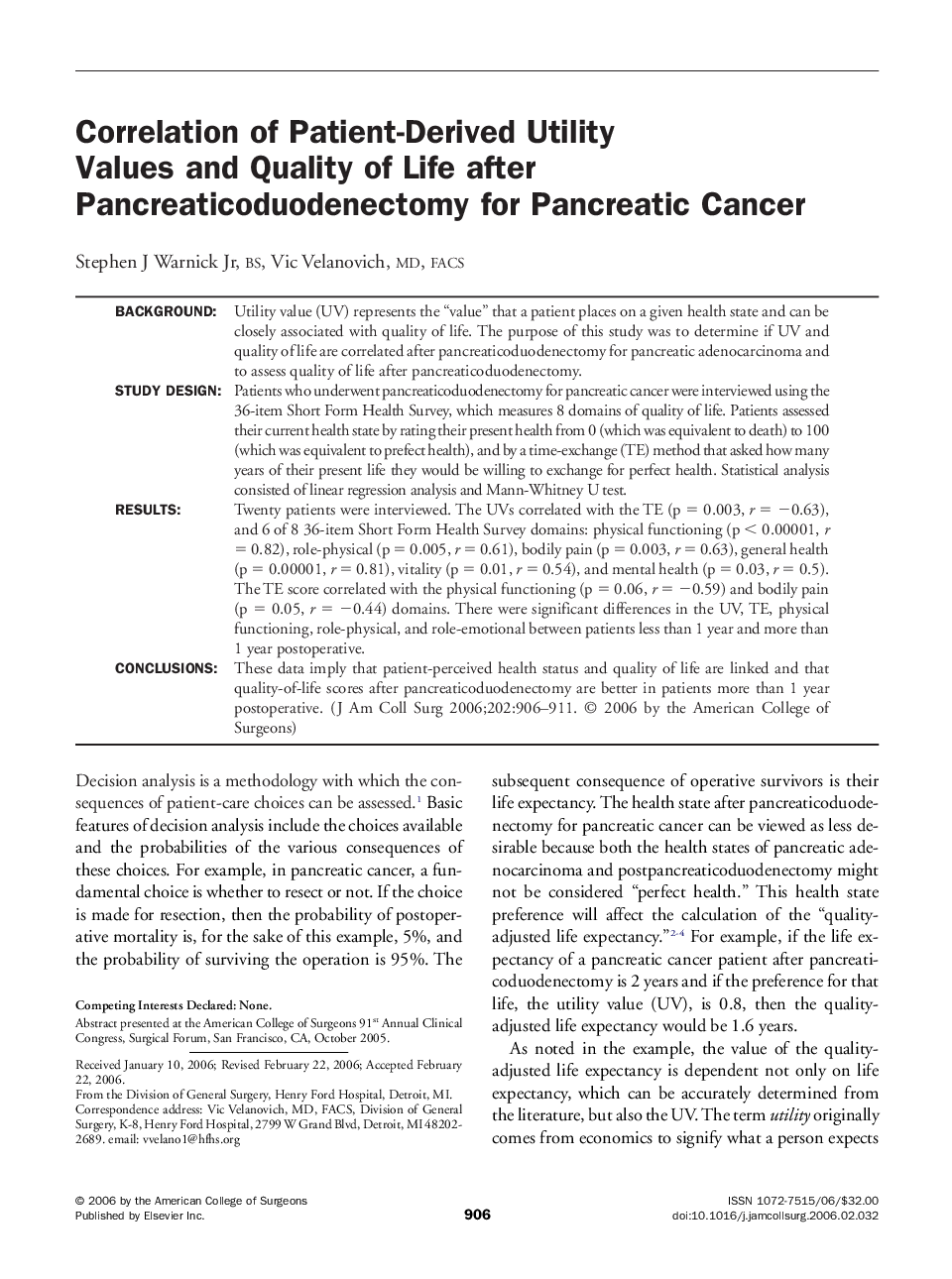 Correlation of Patient-Derived Utility Values and Quality of Life after Pancreaticoduodenectomy for Pancreatic Cancer 