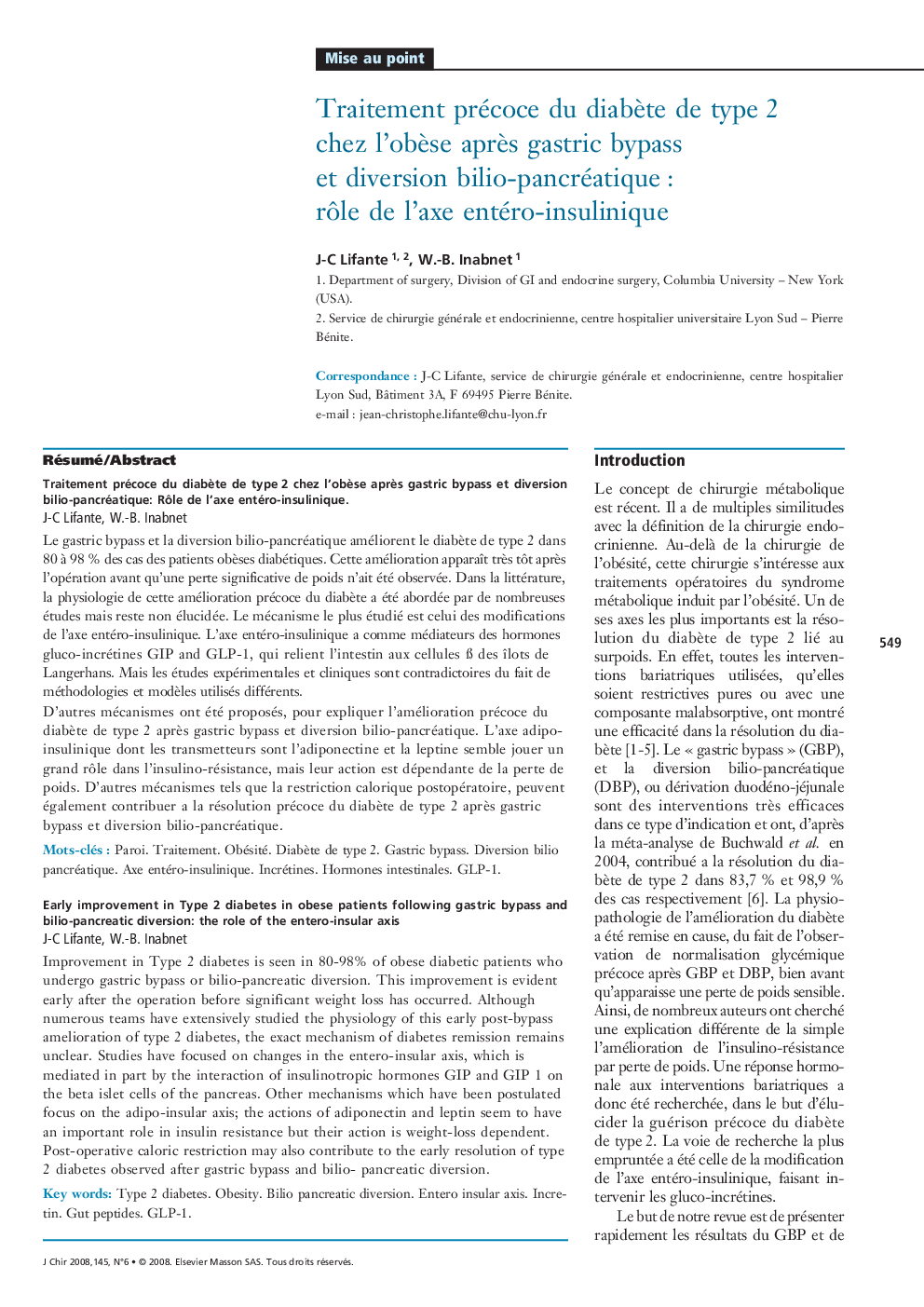 Traitement précoce du diabÃ¨te de typeÂ 2 chez l'obÃ¨se aprÃ¨s gastric bypass et diversion bilio-pancréatiqueÂ : rÃ´le de l'axe entéro-insulinique