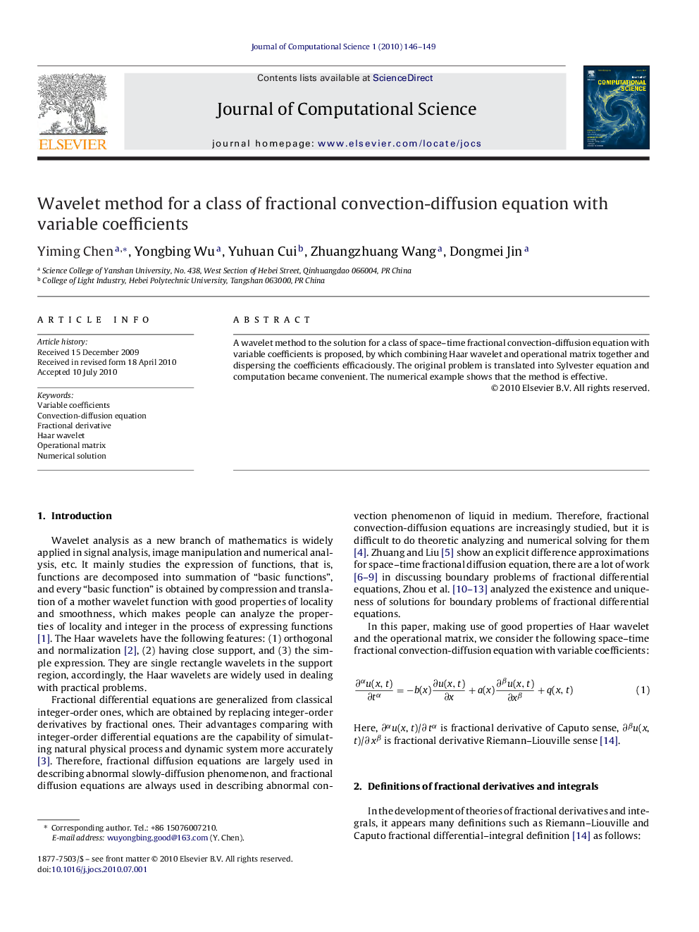 Wavelet method for a class of fractional convection-diffusion equation with variable coefficients