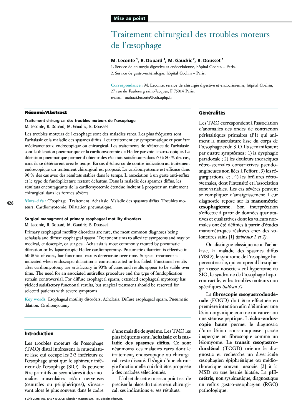 Traitement chirurgical des troubles moteurs de l'Åsophage