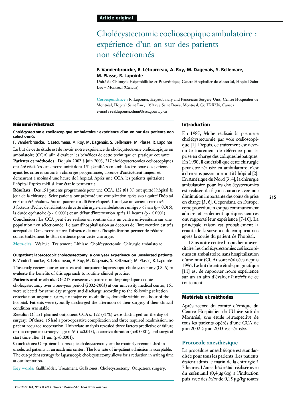 Cholécystectomie coelioscopique ambulatoire : expérience d'un an sur des patients non sélectionnés
