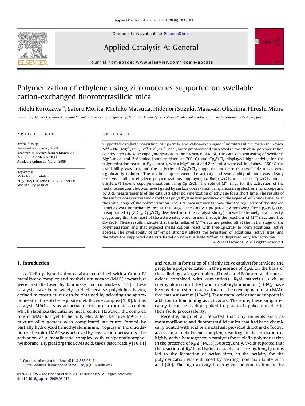Polymerization of ethylene using zirconocenes supported on swellable cation-exchanged fluorotetrasilicic mica