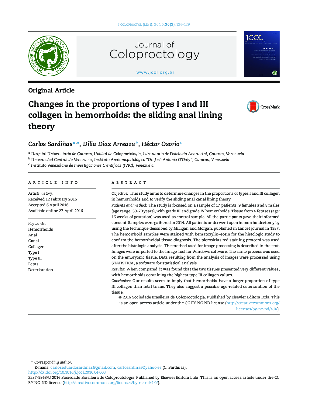 Changes in the proportions of types I and III collagen in hemorrhoids: the sliding anal lining theory