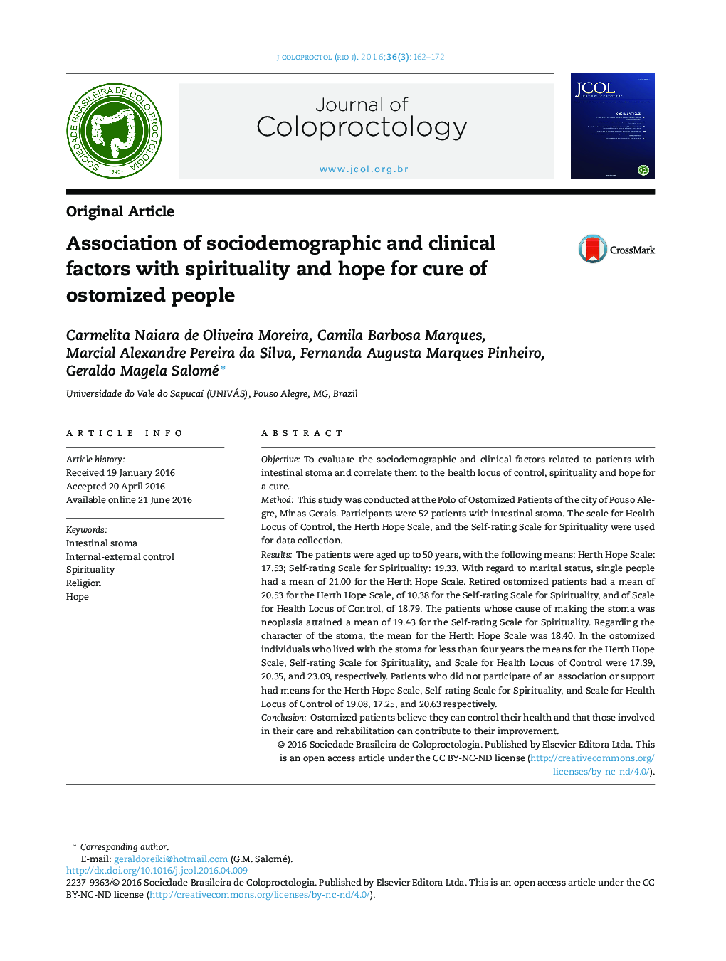 Association of sociodemographic and clinical factors with spirituality and hope for cure of ostomized people