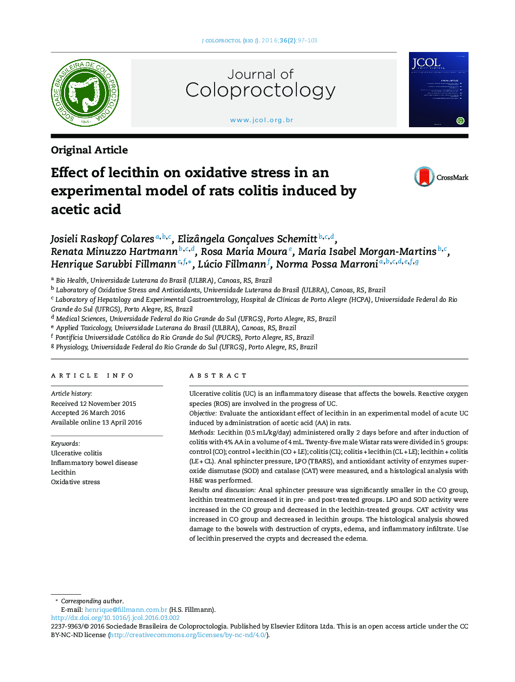 Effect of lecithin on oxidative stress in an experimental model of rats colitis induced by acetic acid