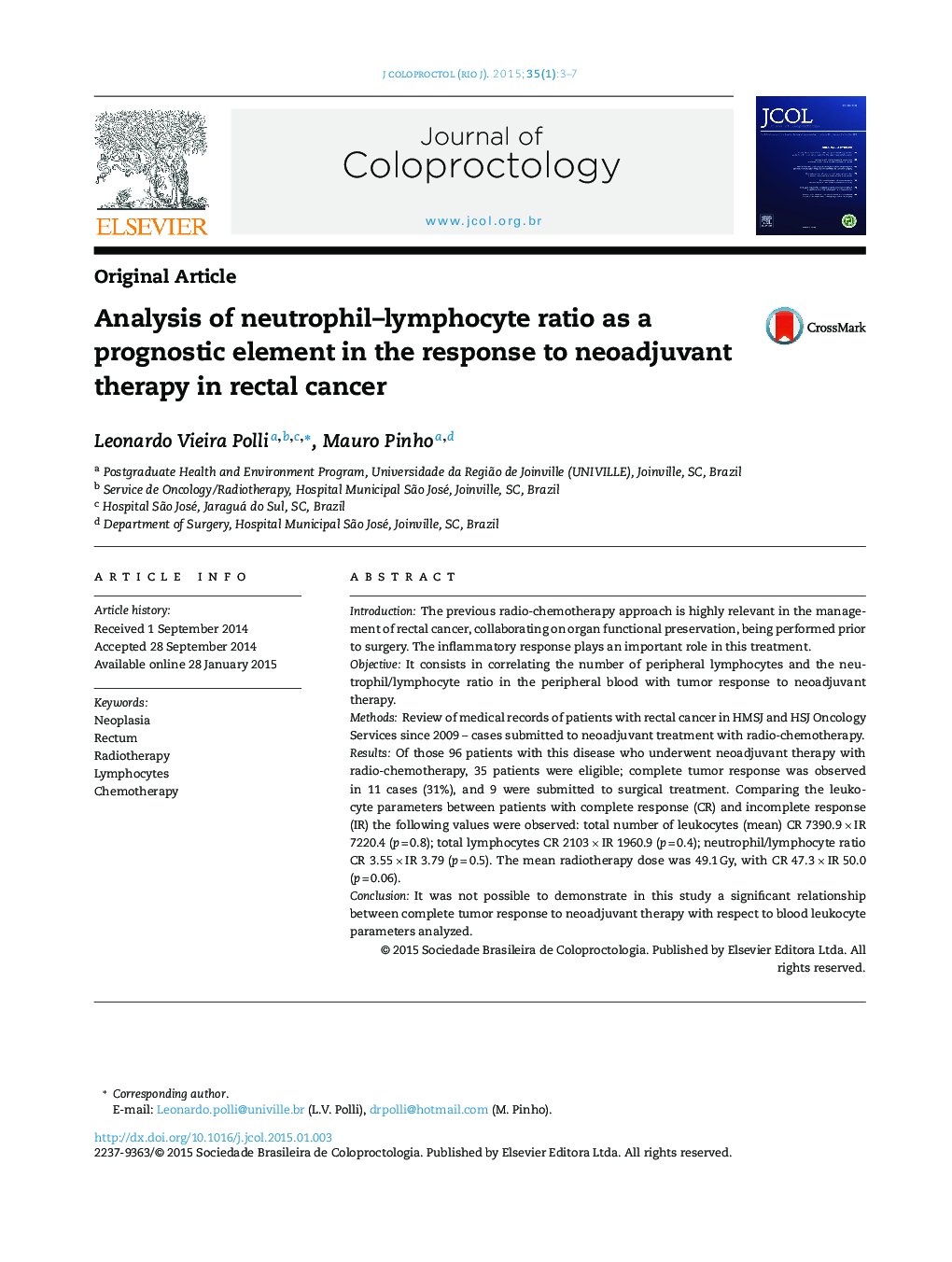 Analysis of neutrophil–lymphocyte ratio as a prognostic element in the response to neoadjuvant therapy in rectal cancer