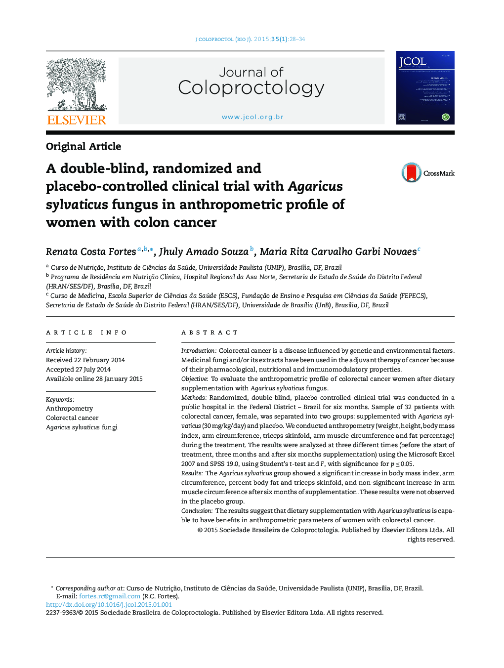 A double-blind, randomized and placebo-controlled clinical trial with Agaricus sylvaticus fungus in anthropometric profile of women with colon cancer