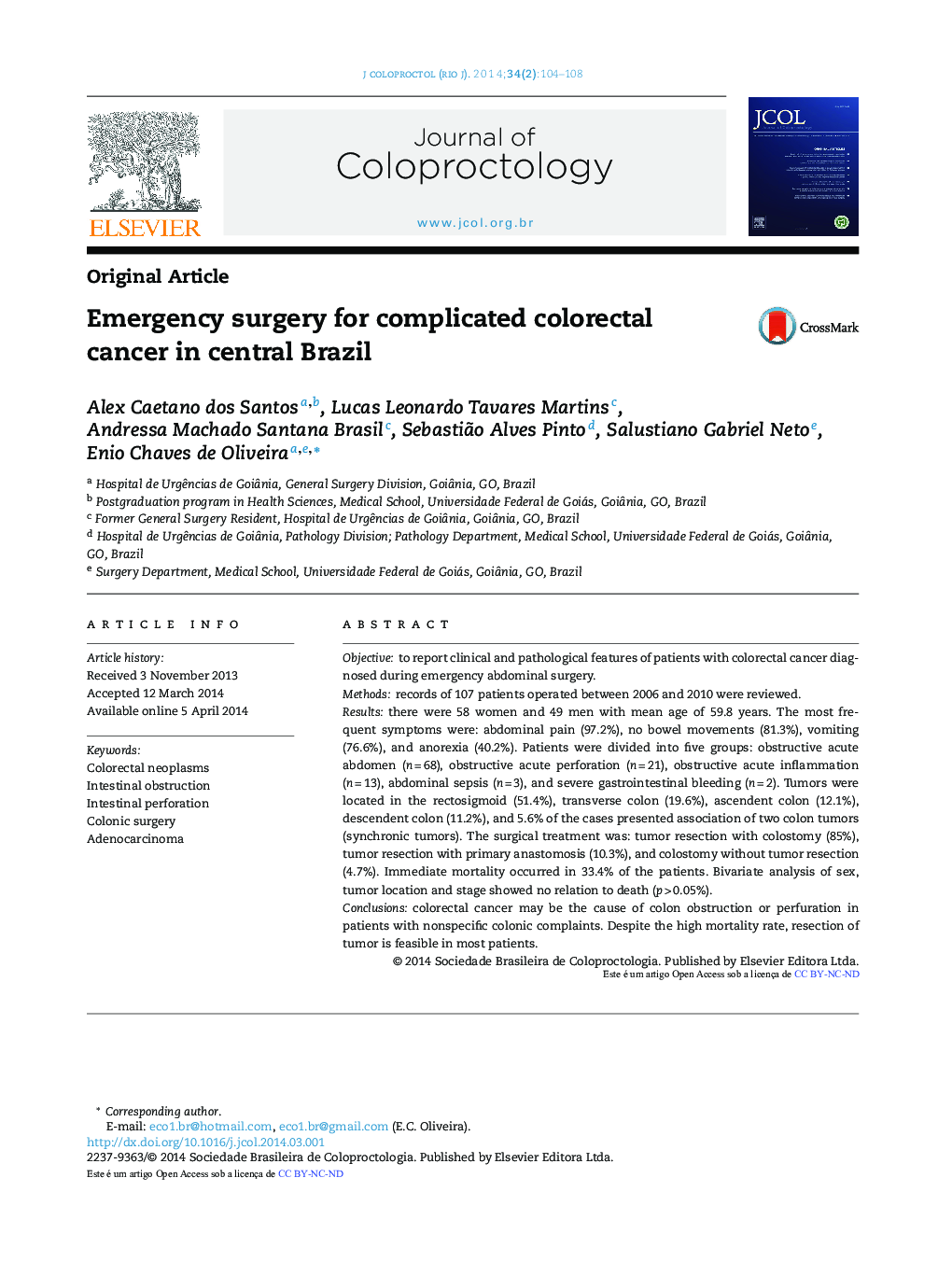 Emergency surgery for complicated colorectal cancer in central Brazil