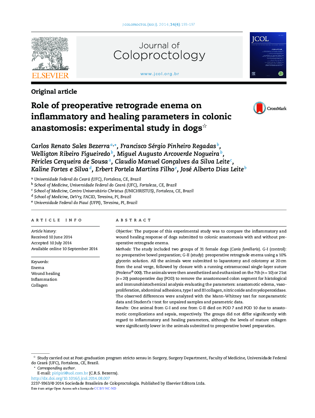 Role of preoperative retrograde enema on inflammatory and healing parameters in colonic anastomosis: experimental study in dogs 