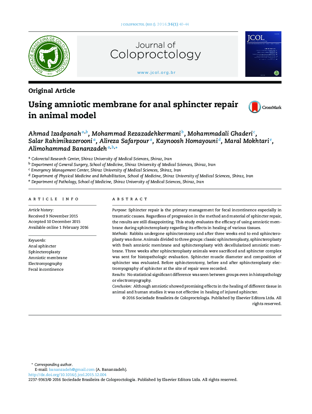 Using amniotic membrane for anal sphincter repair in animal model