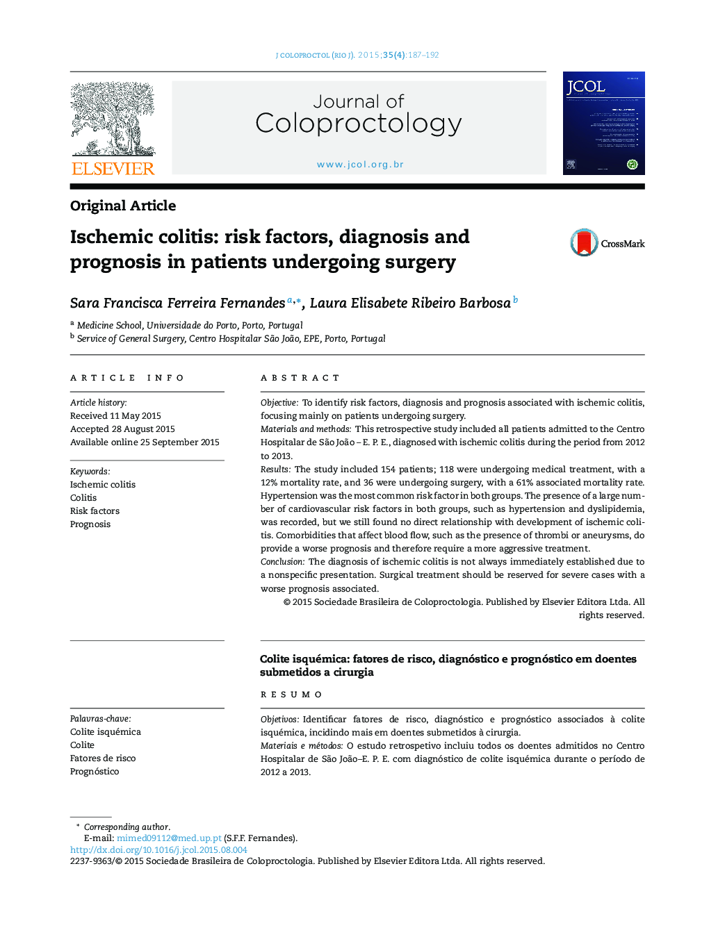 Ischemic colitis: risk factors, diagnosis and prognosis in patients undergoing surgery