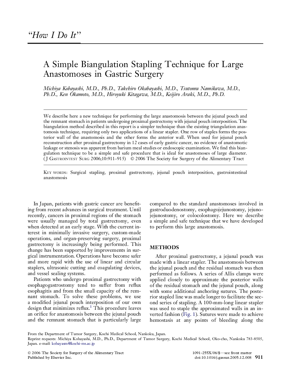 A Simple Biangulation Stapling Technique for Large Anastomoses in Gastric Surgery