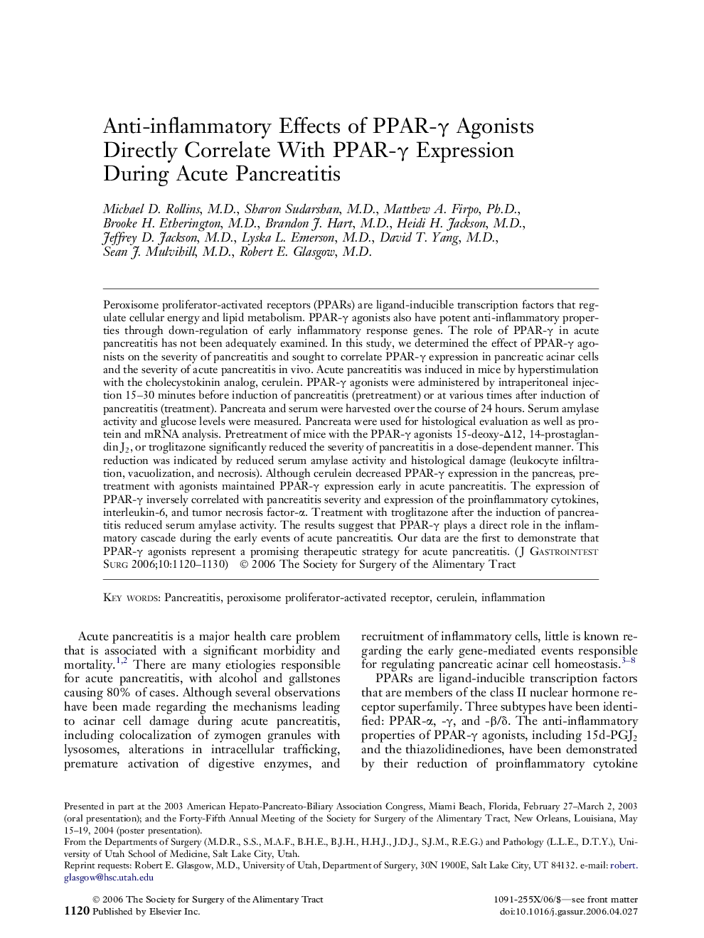 Anti-inflammatory Effects of PPAR-Î³ Agonists Directly Correlate With PPAR-Î³ Expression During Acute Pancreatitis