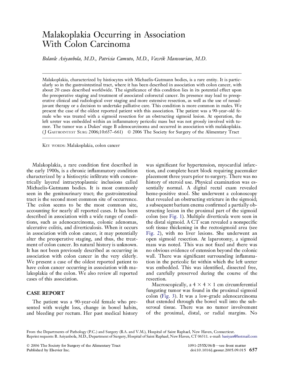 Malakoplakia Occurring in Association With Colon Carcinoma