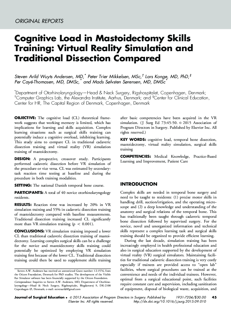 Cognitive Load in Mastoidectomy Skills Training: Virtual Reality Simulation and Traditional Dissection Compared 