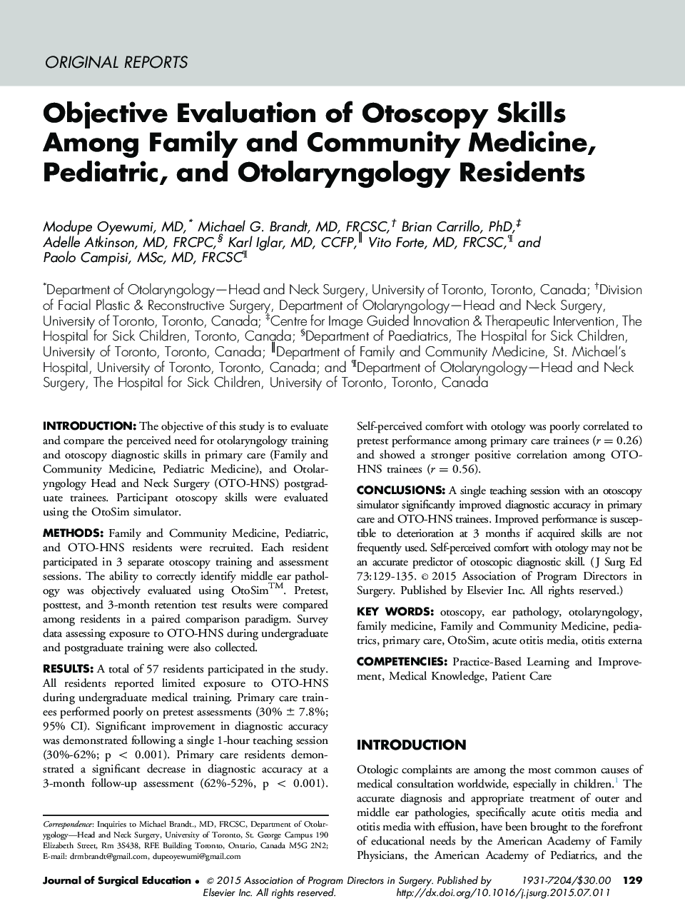 Objective Evaluation of Otoscopy Skills Among Family and Community Medicine, Pediatric, and Otolaryngology Residents