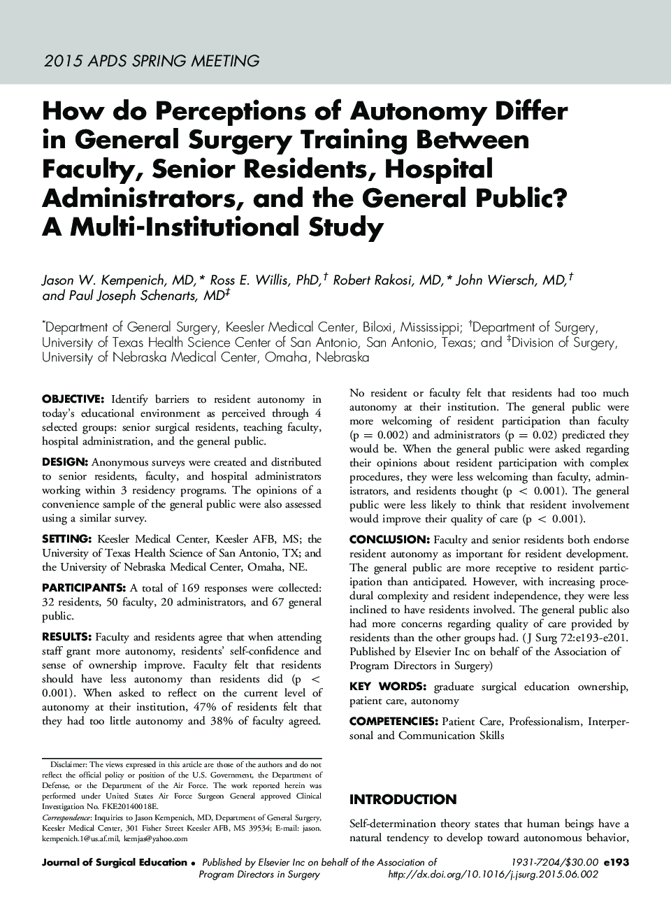 How do Perceptions of Autonomy Differ in General Surgery Training Between Faculty, Senior Residents, Hospital Administrators, and the General Public? A Multi-Institutional Study 