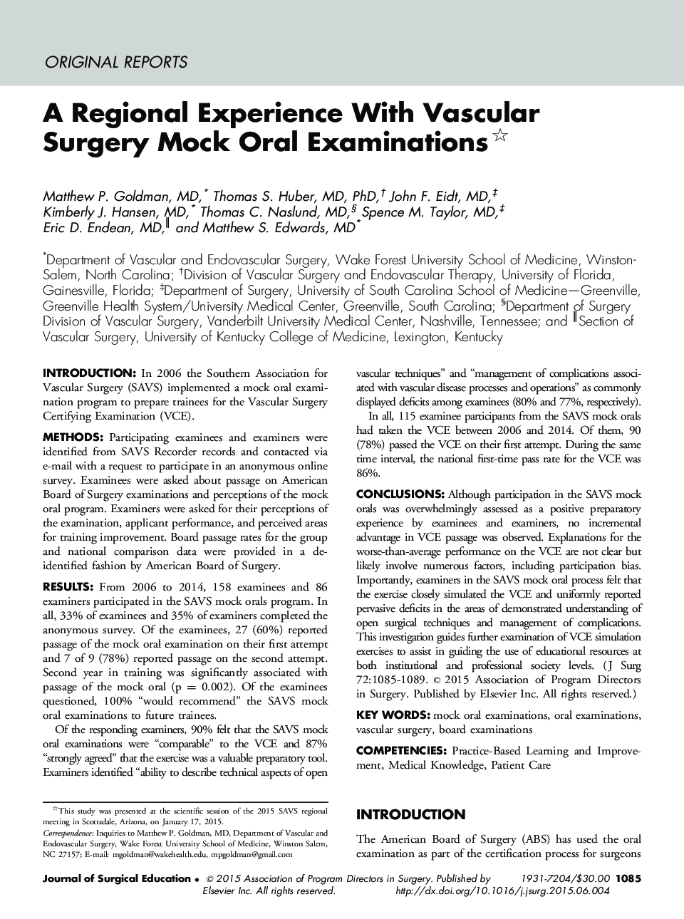 A Regional Experience With Vascular Surgery Mock Oral Examinations 
