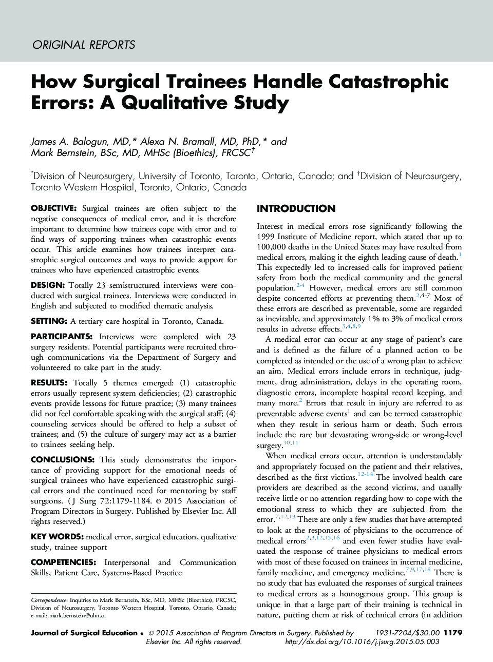How Surgical Trainees Handle Catastrophic Errors: A Qualitative Study