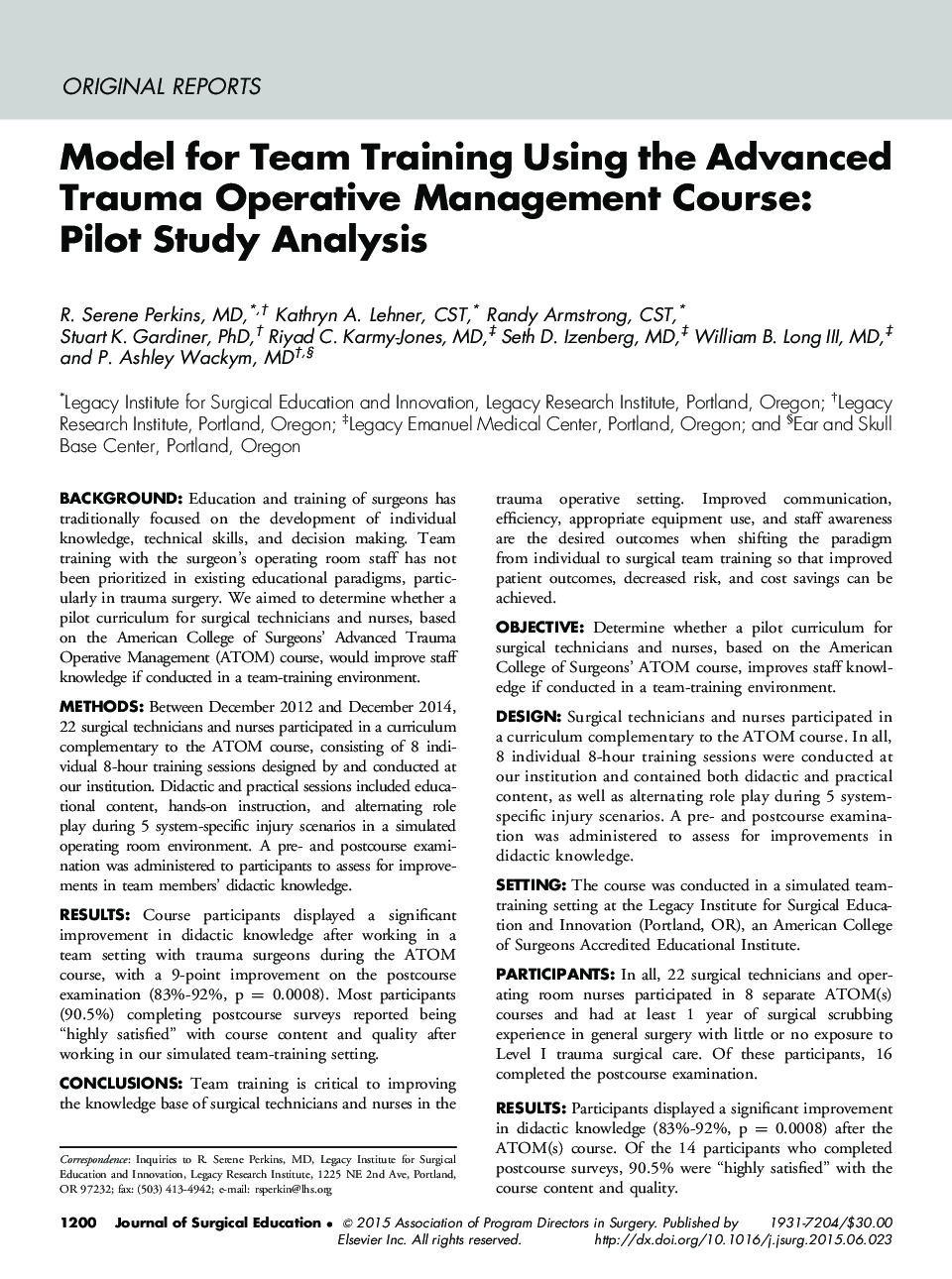 Model for Team Training Using the Advanced Trauma Operative Management Course: Pilot Study Analysis