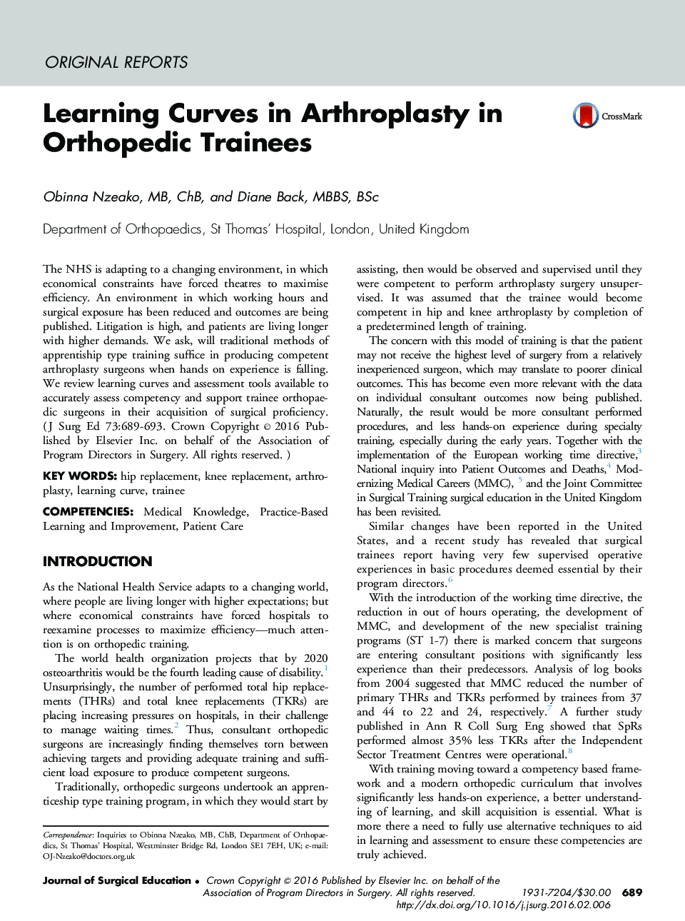Learning Curves in Arthroplasty in Orthopedic Trainees
