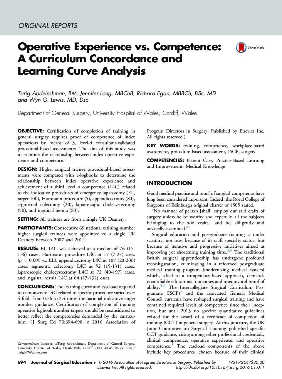 Operative Experience vs. Competence: A Curriculum Concordance and Learning Curve Analysis