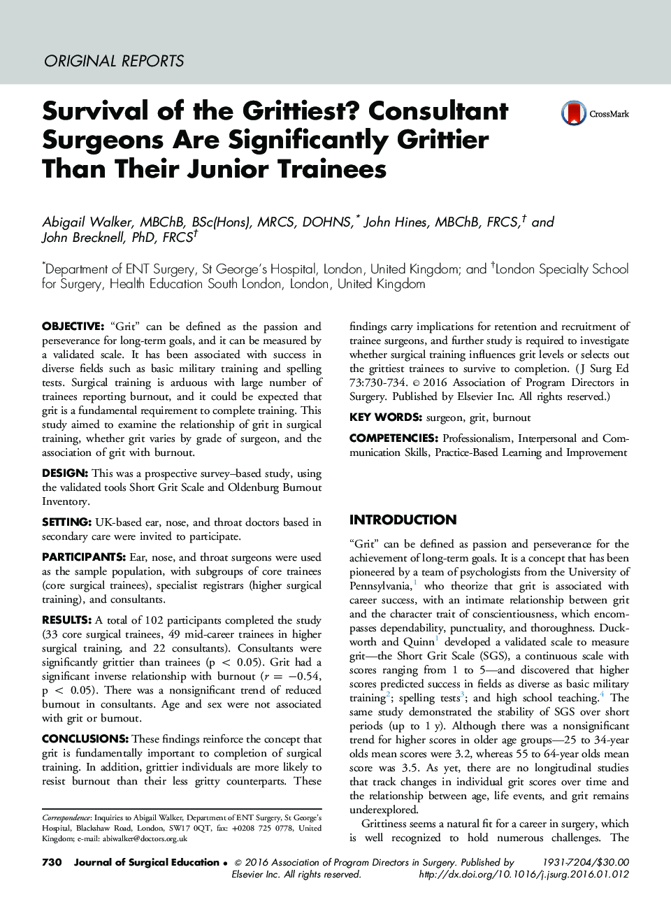 Survival of the Grittiest? Consultant Surgeons Are Significantly Grittier Than Their Junior Trainees