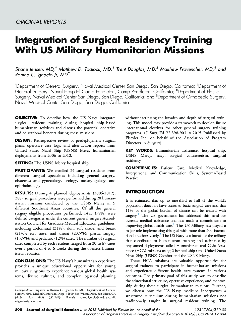 Integration of Surgical Residency Training With US Military Humanitarian Missions