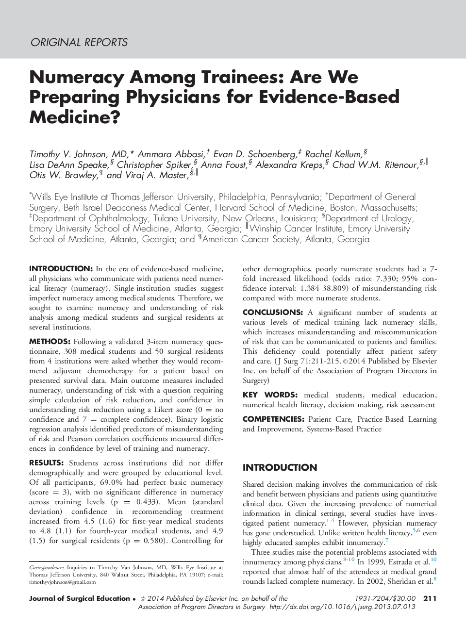 Numeracy Among Trainees: Are We Preparing Physicians for Evidence-Based Medicine?